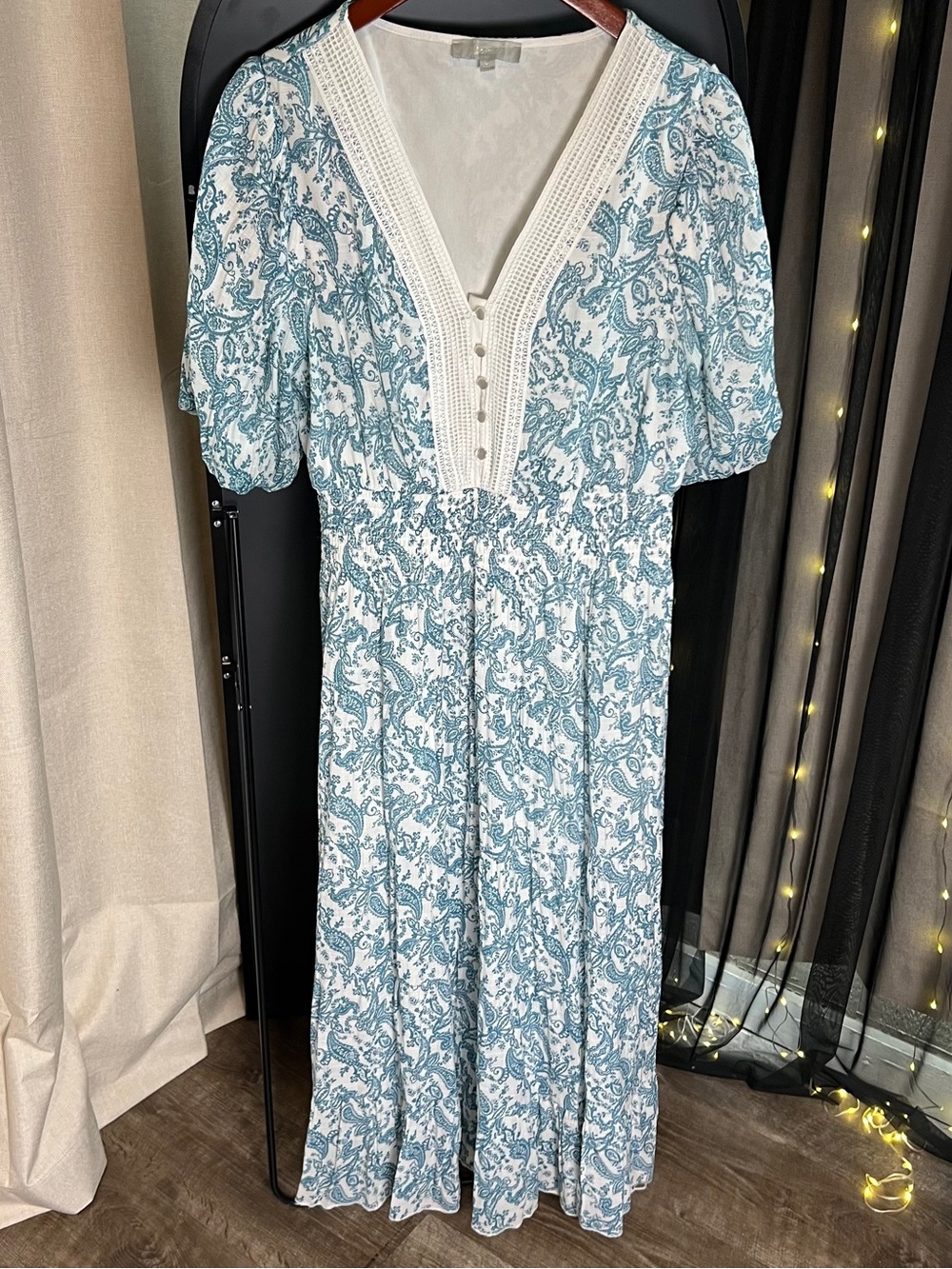Ice White and Blue Paisley Maxi Dress with V-Neck Crochet Trim